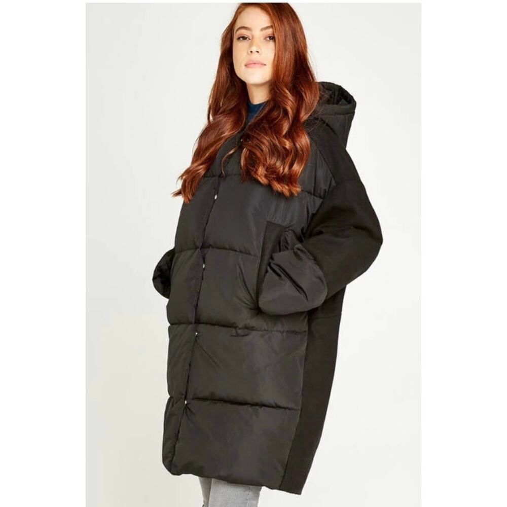 Womens Apricot Oversized Hooded Contrast Long Puffer Coat Size 4 Warm Cozy
